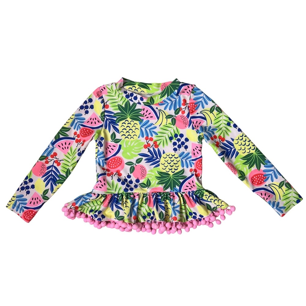 Nicole Miller New York Girls Tropical Fruit Rash Guard Peplum Pom Pom Swim Top
